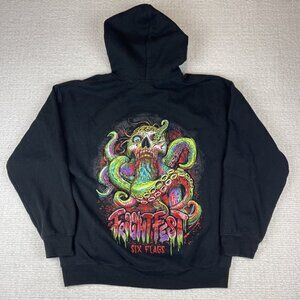 Six Flags Fright Fest Hoodie Men L Embossed Sweatshirt Zombie Octopus (Read)